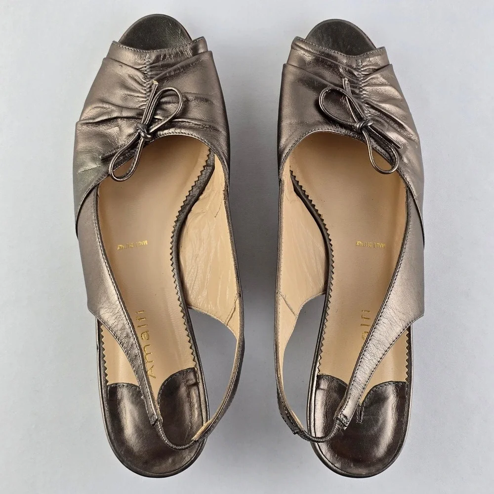 Amalfi Women's Metallic Leather Bow Peep Toe Slingback Kitten Heels Bronze 10 - Picture 6 of 16